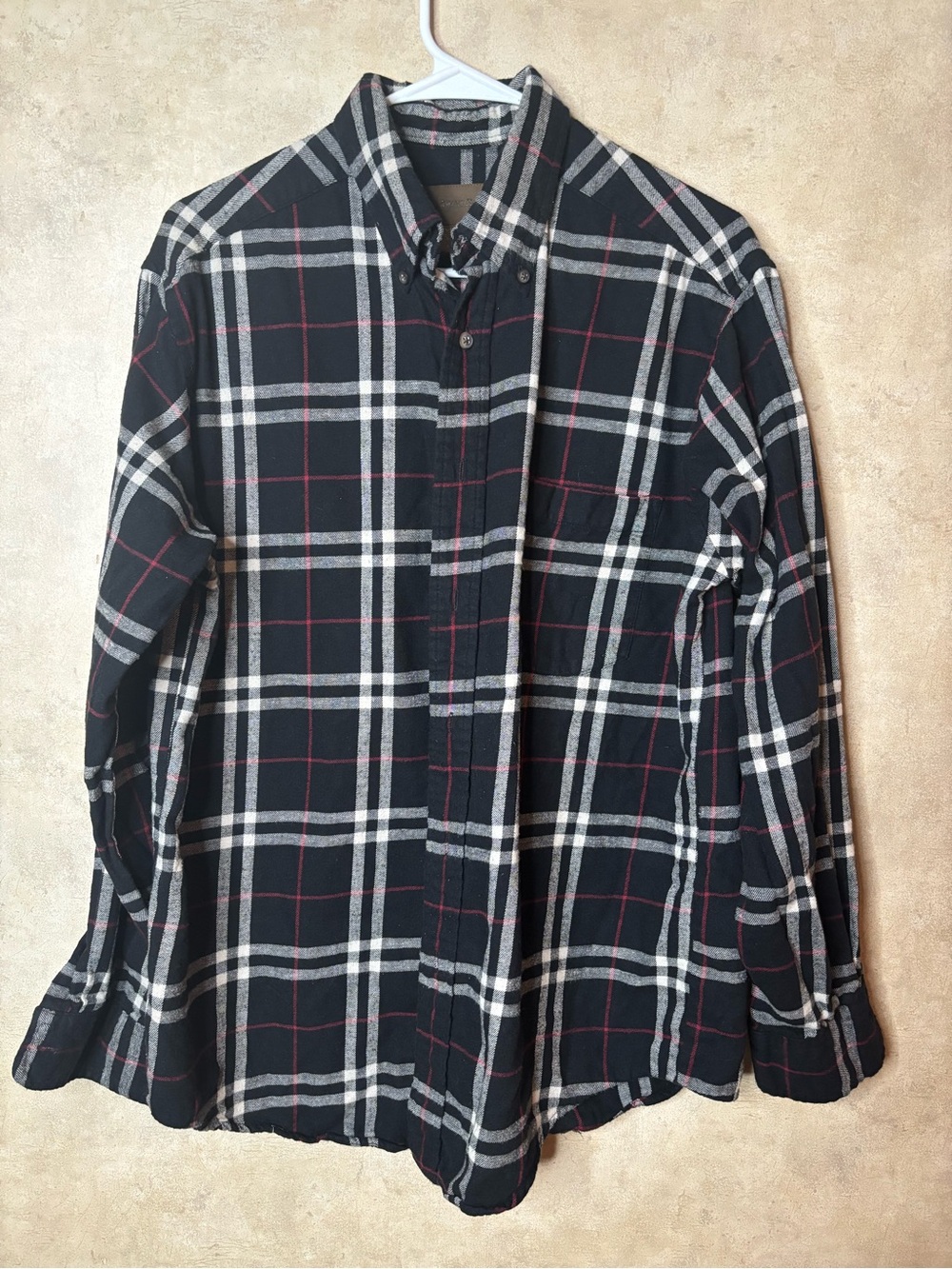 St. John's Bay Black Plaid Button-Down Shirt with White and Red Windowpane